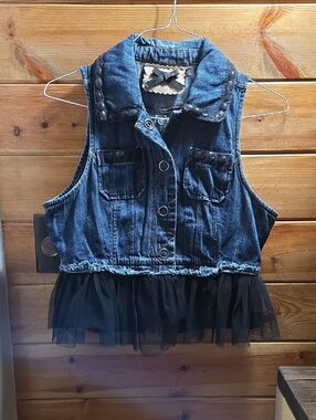 Twelve By Twelve Vintage Denim Vest with Black Tulle Hem Med 0476